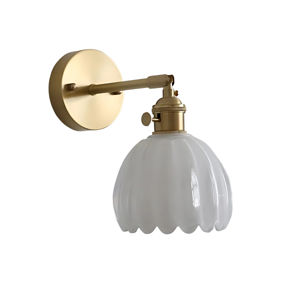 Moktan Sabai Vintage Brass Tulip Glass Wall Sconce 1-Light Classic Wall Light Pearl White Wrought Iron Version Bulb Not Included