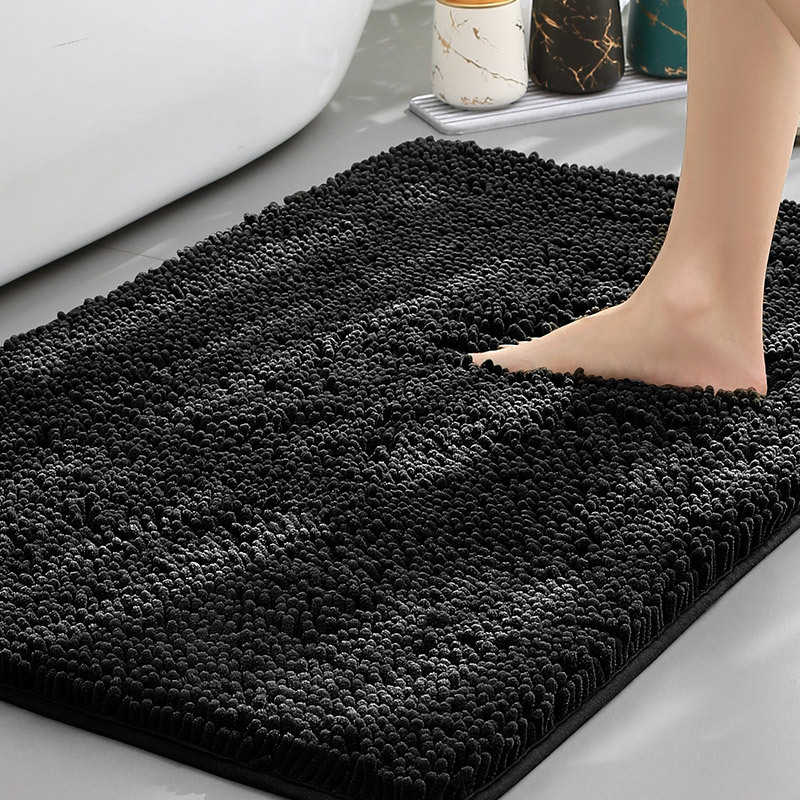 Moktan Sabai Chenille Absorbent Bath Mat Non-Slip Soft Bathroom Rug Machine Washable Black 50×80 cm 19.5×31.5 inches