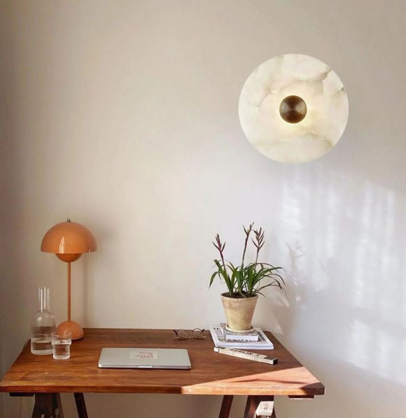 Moktan Sabai Alabaster LED Wall Light Brass Round Flush Mount 6"–14" Fixture
