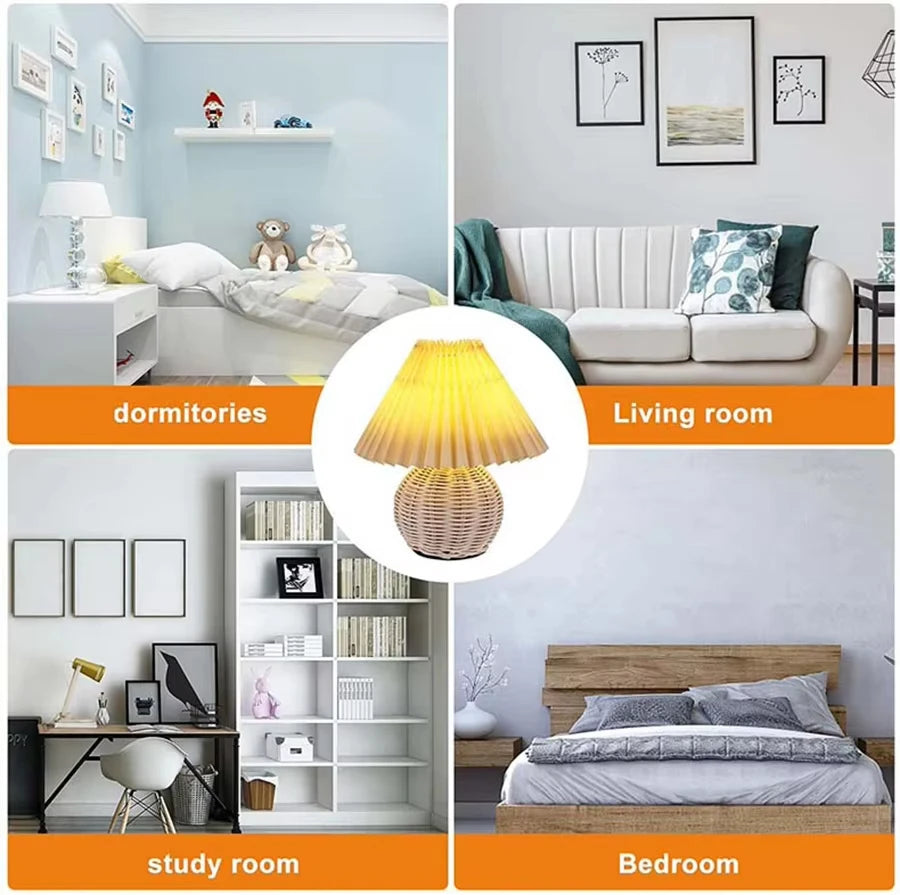 Moktan Sabai Pleated Fabric Bedside Table Lamp USB LED Light Retro Rattan Shade for Home Decor