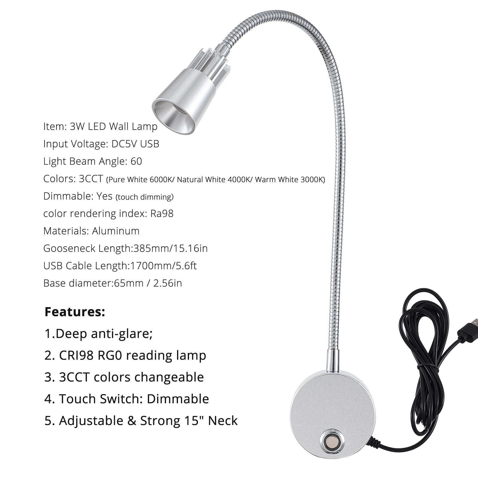 Moktan Sabai USB Wall Reading Lamp Dimmable Gooseneck Bedside Light 3CCT CRI98