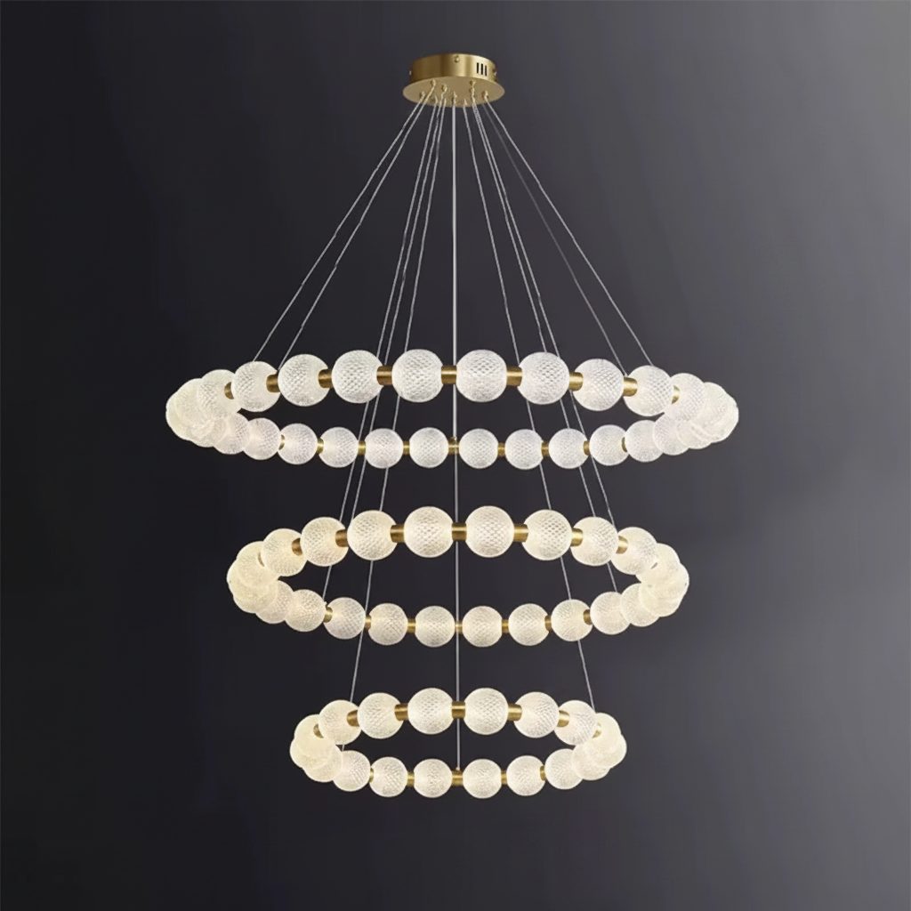 Moktan Sabai Alabaster Ring Chandelier – Gold Beaded LED Luxury Ceiling Light 3-layers 23.6″ + 31.5″ + 39.4″ Gold & White