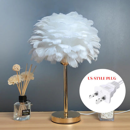 White Feather Table Lamp Plug-In Romantic Bedside Night Light for Girls Room Decor