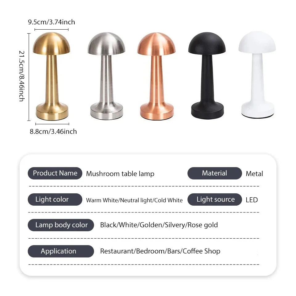 Retro LED Mushroom Table Lamp USB Rechargeable Dimmable Bedside Desk Light