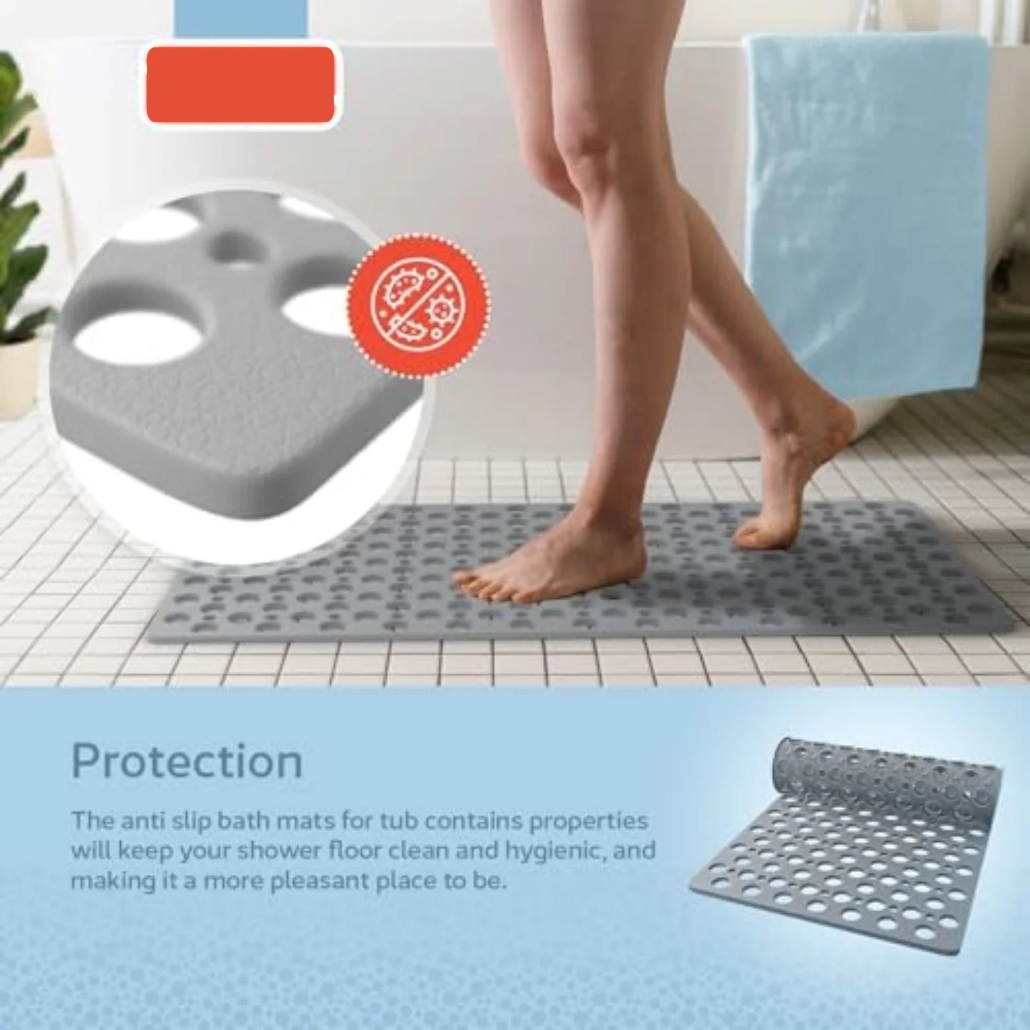 Moktan Sabai Non Slip Bathtub Shower Mat with Suction Cups Drain Holes 30x17 Inch