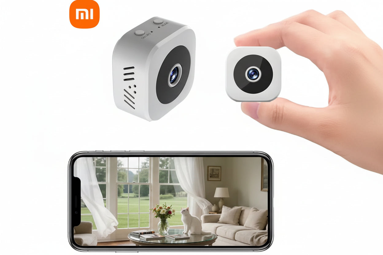 Two small cameras and a smartphone displaying a live view of a living room.
