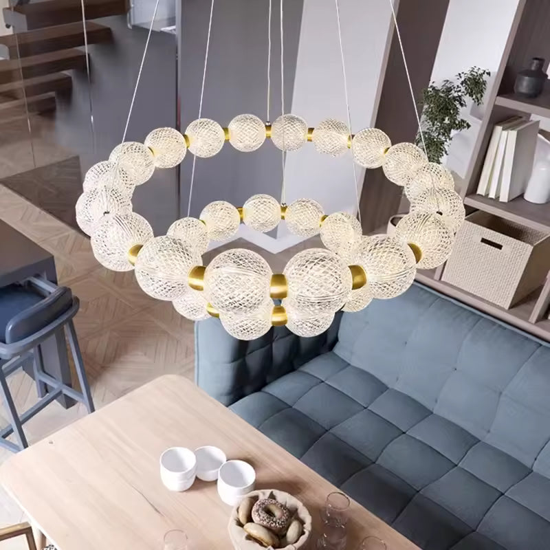 Moktan Sabai Alabaster Ring Chandelier – Gold Beaded LED Luxury Ceiling Light