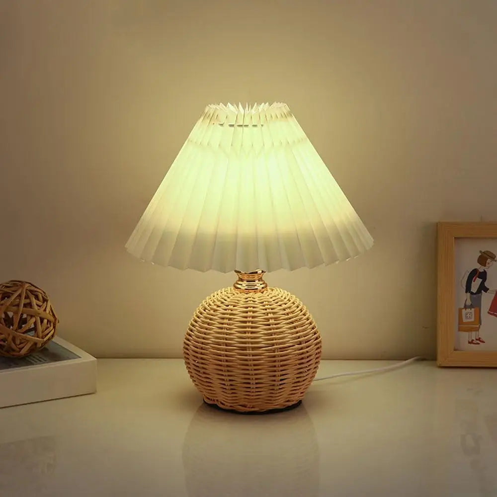Moktan Sabai Pleated Fabric Bedside Table Lamp USB LED Light Retro Rattan Shade for Home Decor