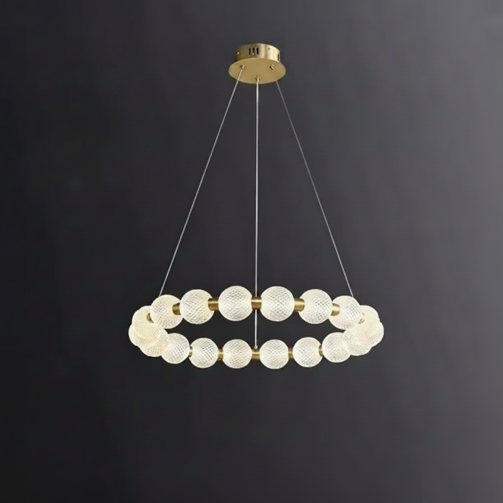 Moktan Sabai Alabaster Ring Chandelier – Gold Beaded LED Luxury Ceiling Light ∅23.6″ x H 2.4″ Gold & White