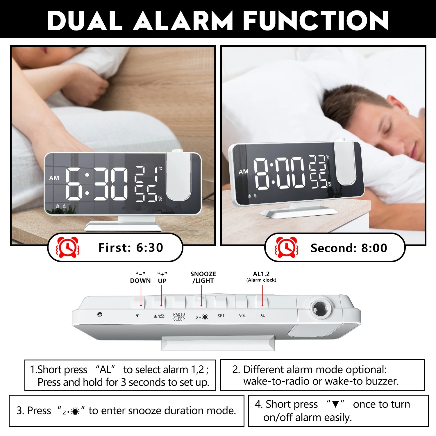 Moktan Sabai HD Projection Alarm Clock Large LED Display Digital Smart Radio Auto Dimming
