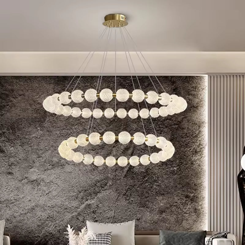 Moktan Sabai Alabaster Ring Chandelier – Gold Beaded LED Luxury Ceiling Light