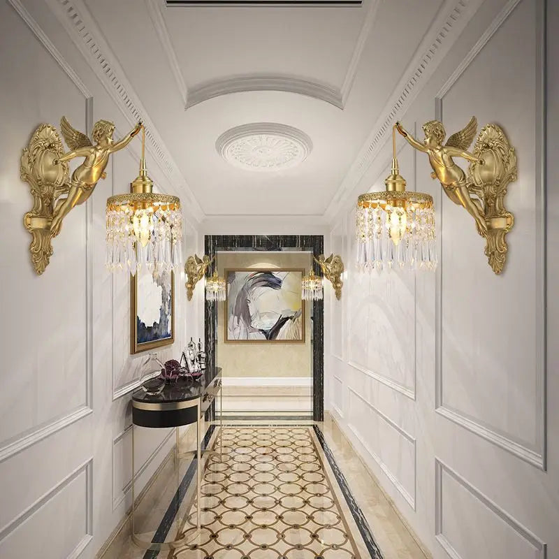 Moktan Sabai Brass Angel Wall Lamp Crystal Sconce Light Bedside Balcony Corridor Porch Decor