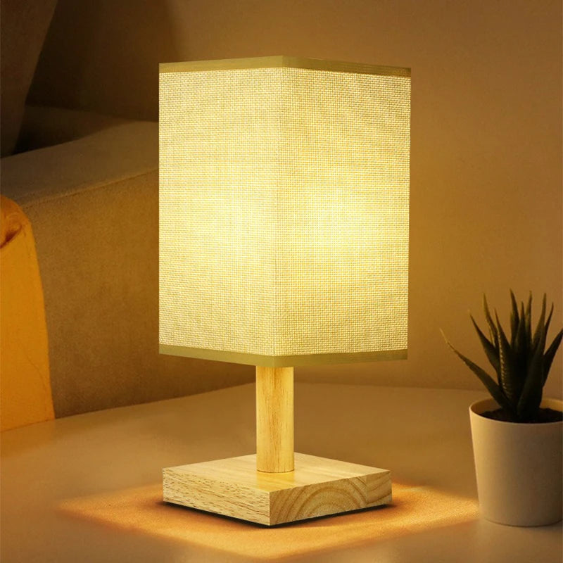 Dimmable LED Bedside Table Lamp Chinese Fabric Shade USB Night Light for Bedroom