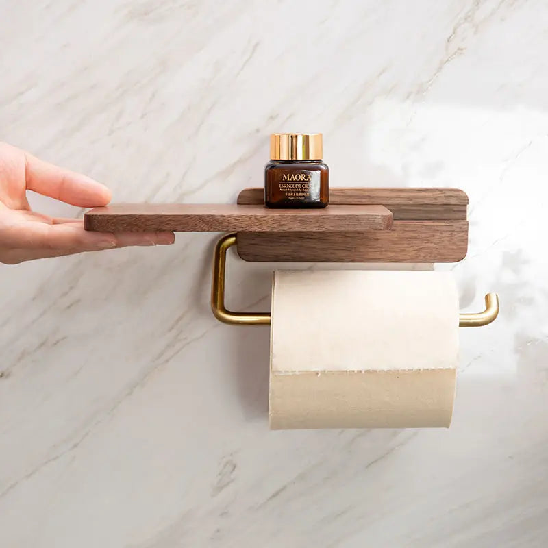 Moktan Sabai Walnut Wood Toilet Paper Holder with Shelf Brass Bathroom Rack 1 Roller