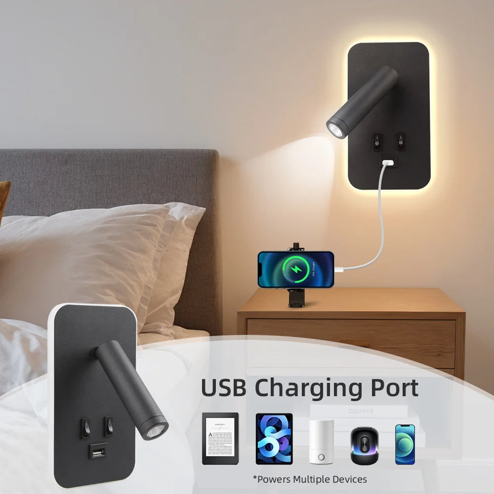 Moktan Sabai Bedside LED Wall Reading Lamp with USB Port Switch Rotatable Wall Sconce