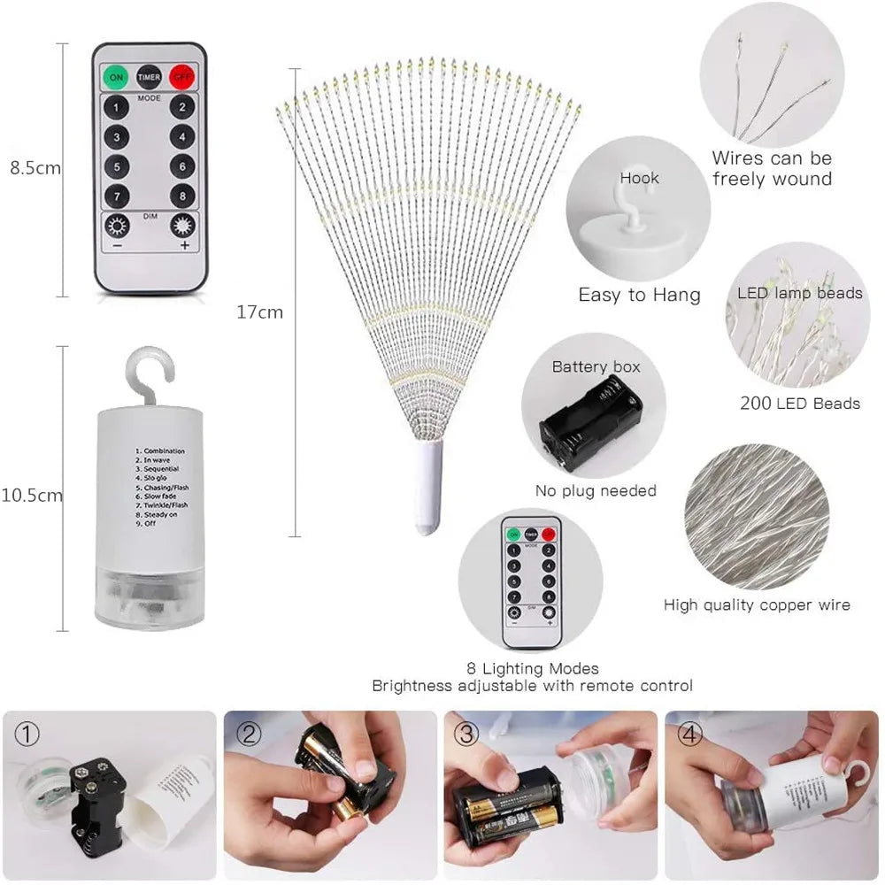 Moktan Sabai LED Firework Fairy Lights Copper Wire Starburst 8 Modes Remote Outdoor Decor