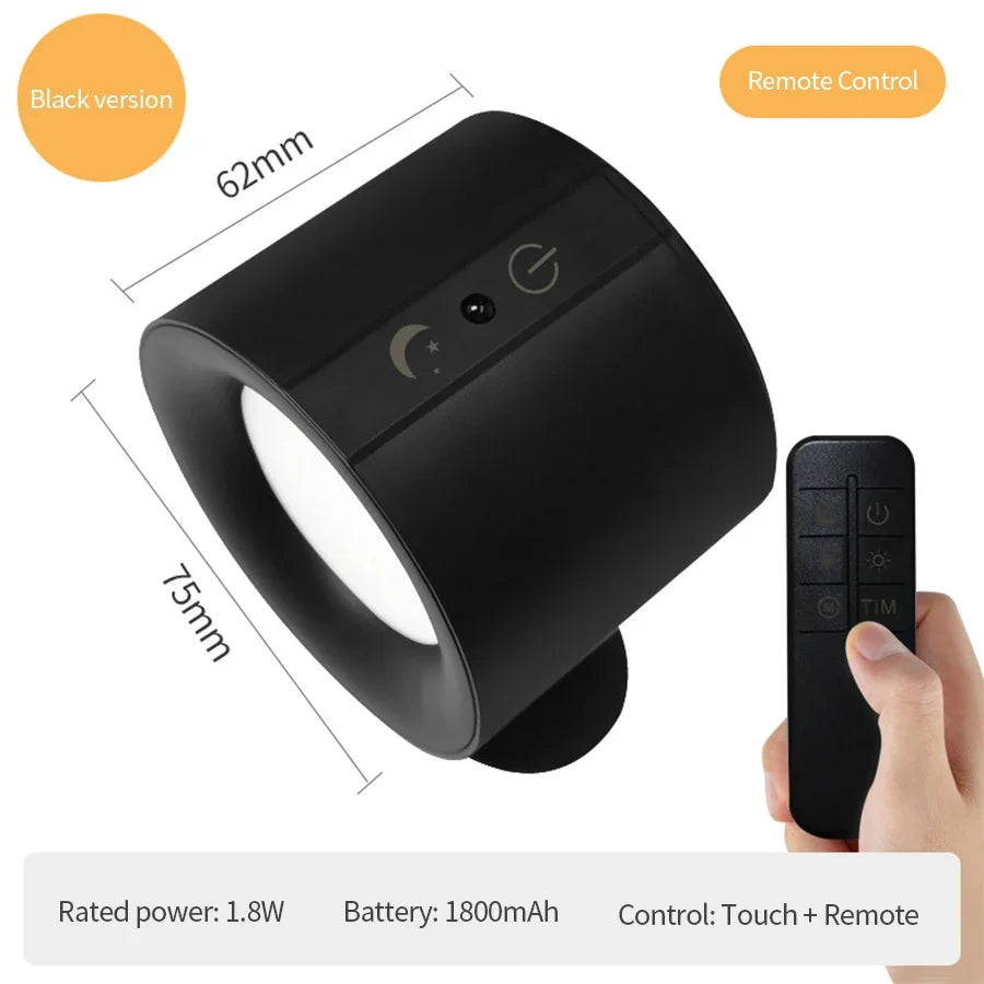 Moktan Sabai Wireless LED Wall Sconce Light 360° Rotatable Touch Control 3 Color Bedroom Lamp Black