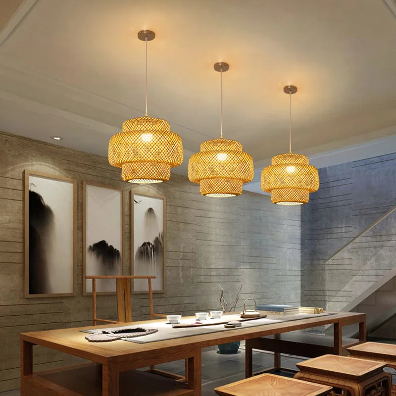 Moktan Sabai Handwoven Chinese Bamboo Pendant Lamp – Woven Hanging Light for Restaurant & Home
