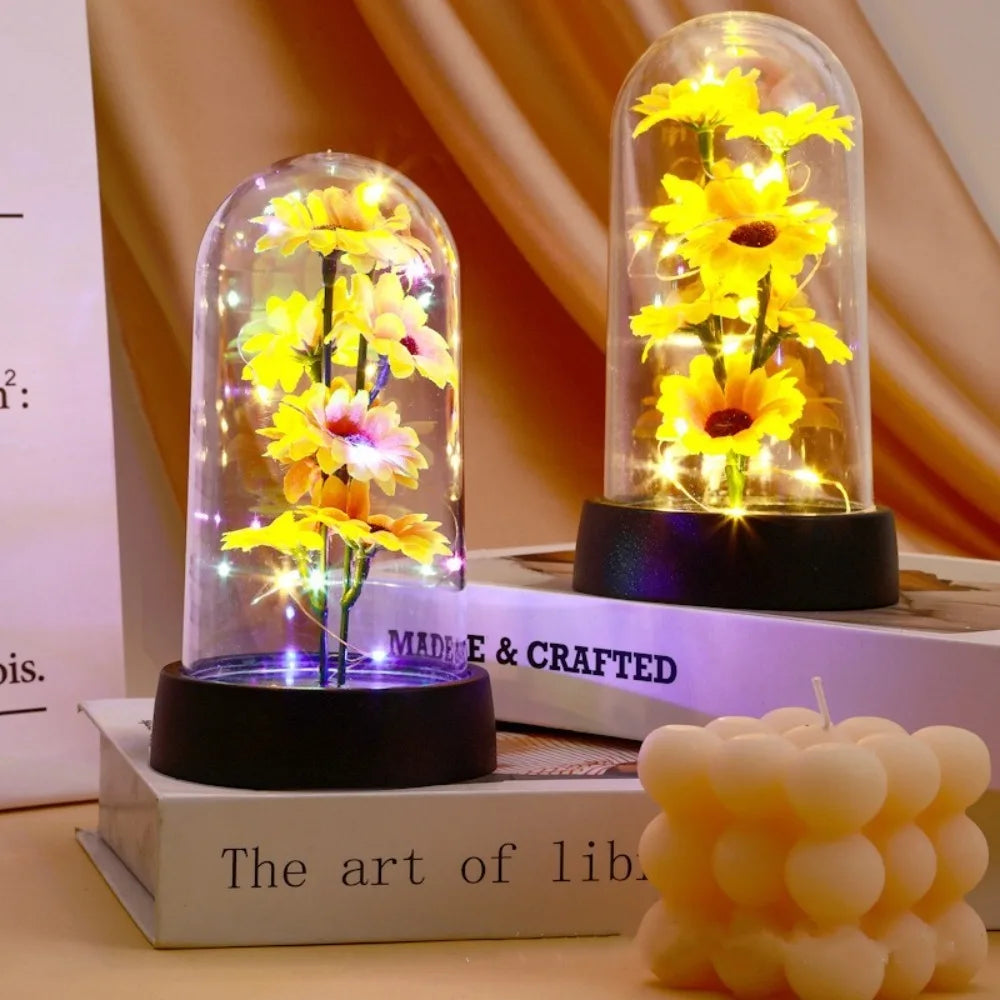 Moktan Sabai Sunflower LED Glass Dome Night Light Artificial Flower Graduation Gift Home Decor