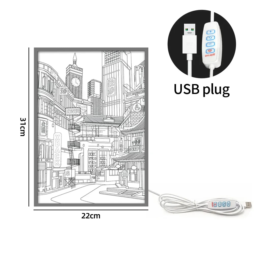 Moktan Sabai LED Cityscape Night View Light Painting USB Dimmable Wall Art Lamp Home Decor