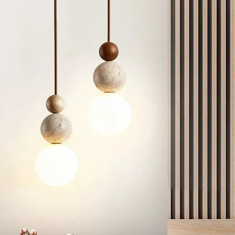 Moktan Sabai Wabi Sabi LED Pendant Light Stone Wood Modern Chandelier for Living Room