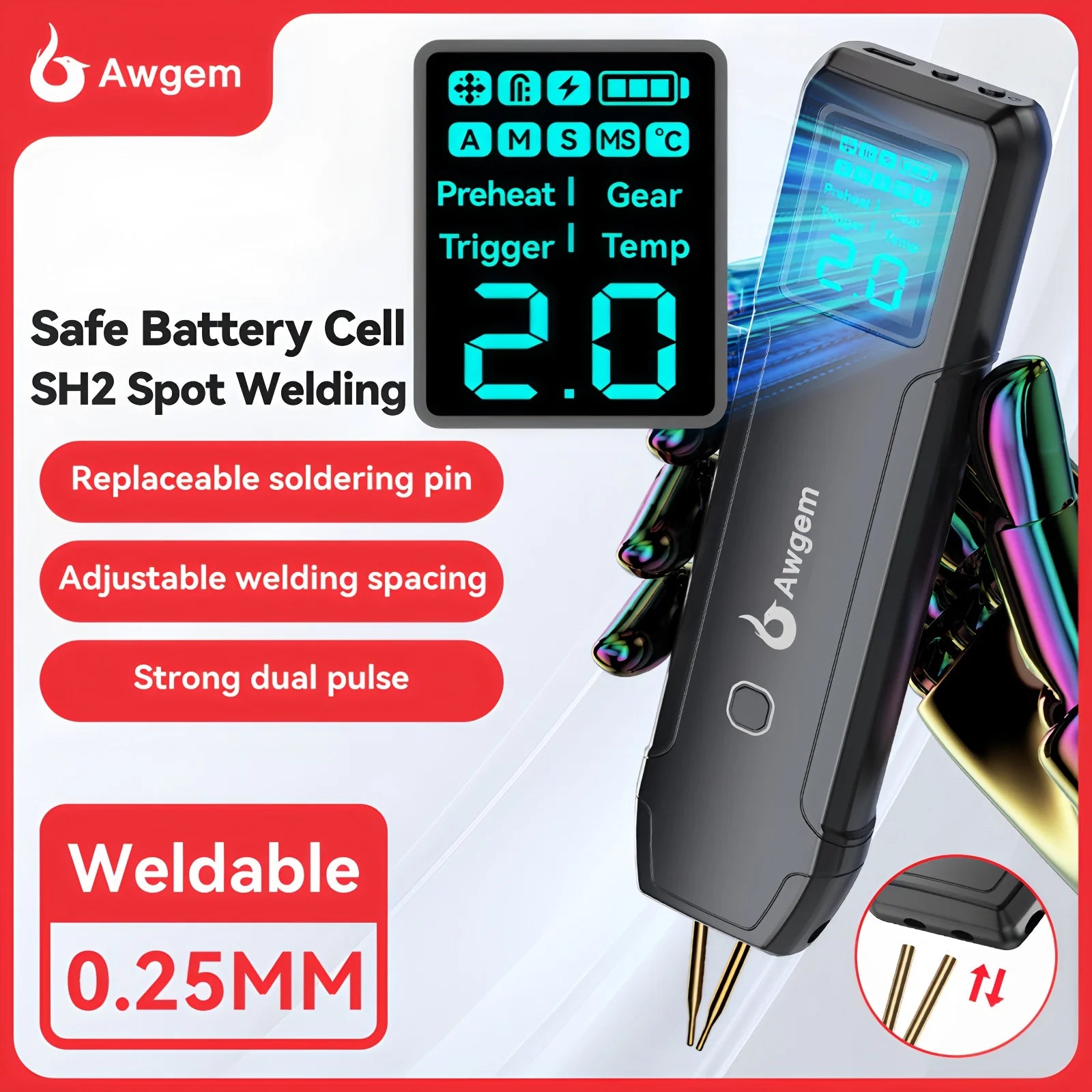 Moktan Sabai Awgem Portable Handheld Spot Welder DIY Adjustable 90 Gears for 18650 Battery