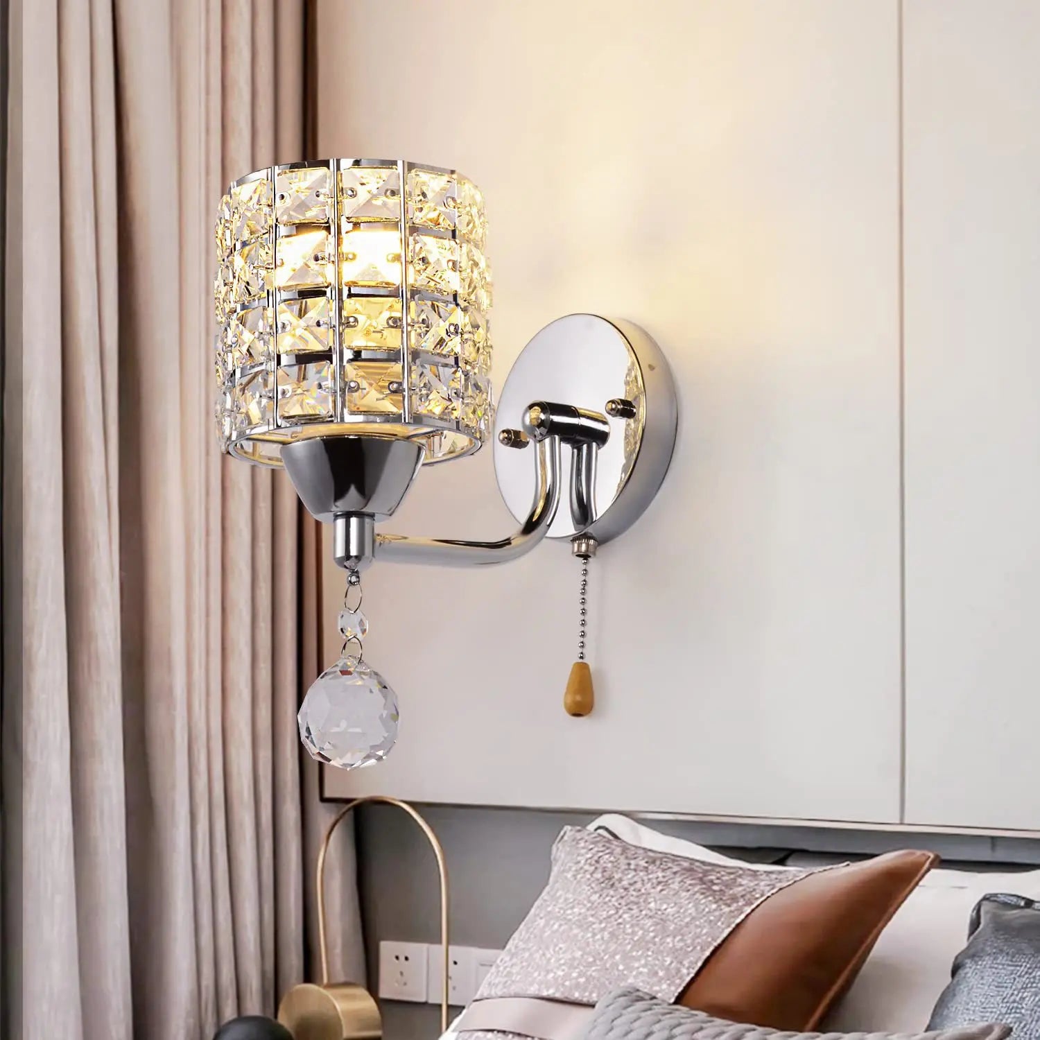 Moktan Sabai Crystal Wall Lamp – Gold/Silver Decorative Sconce Light for Bedroom & Living Room
