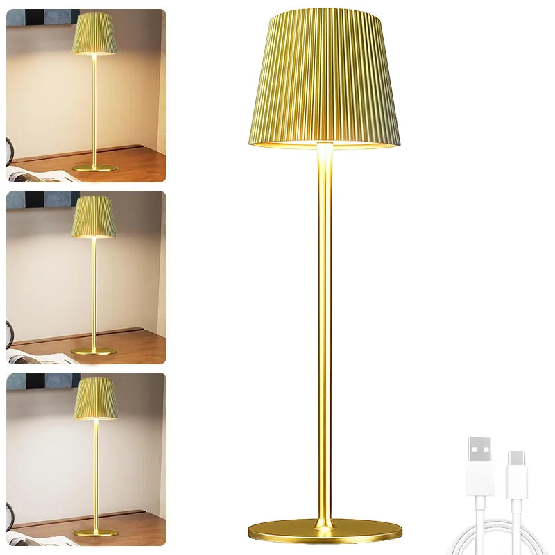 Gold floor lamp with pleated green shade in various settings