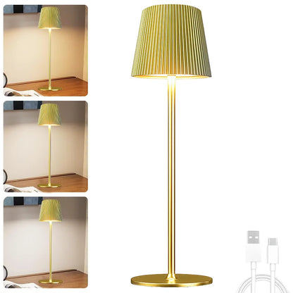 Gold floor lamp with pleated green shade in various settings