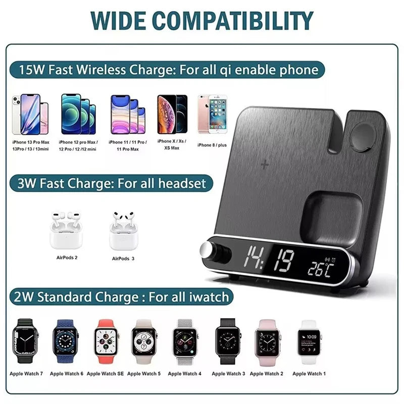 Moktan Sabai 3-in-1 Wireless Charging Station with Alarm Clock Fast Charger for iPhone & Watch