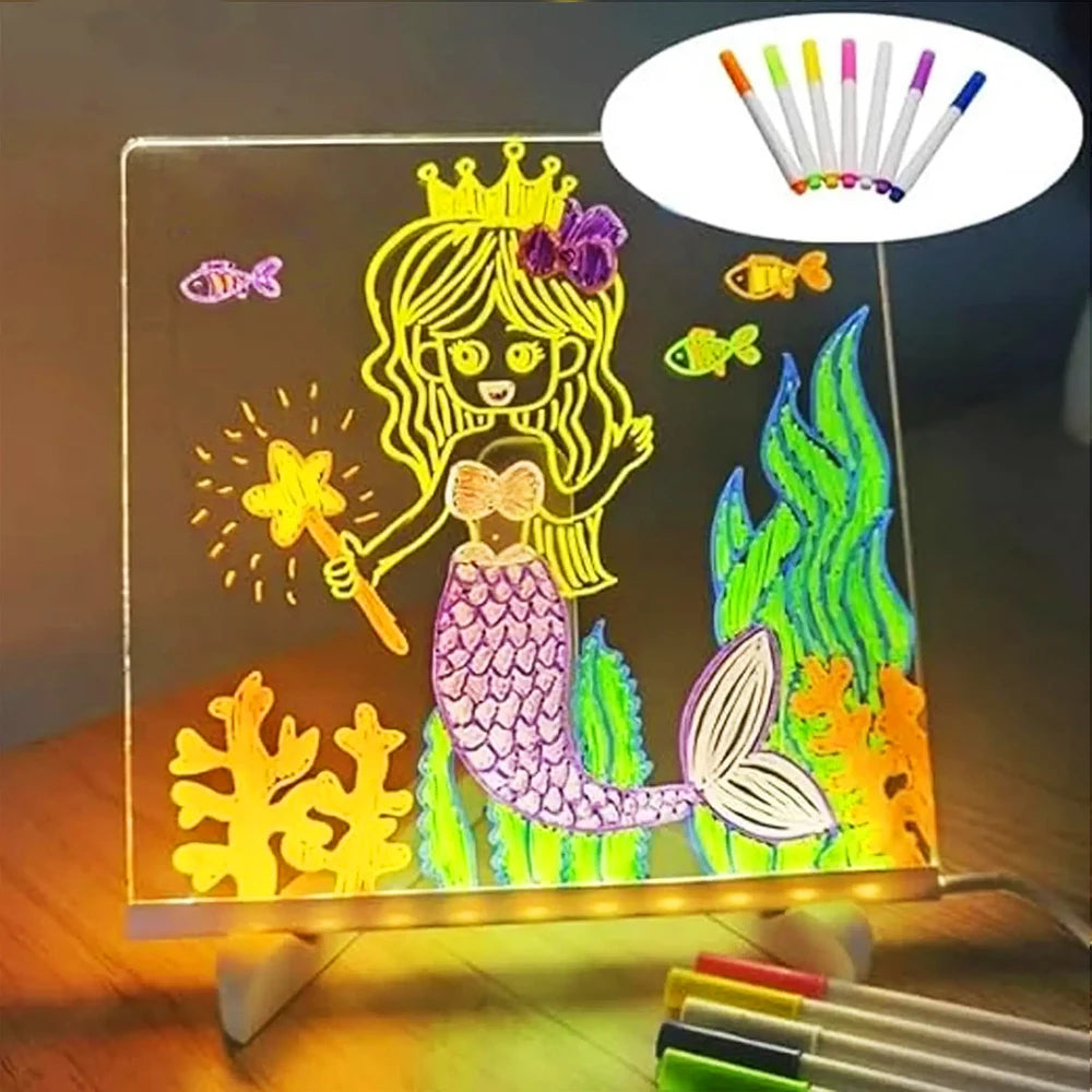 Moktan Sabai LED Kids Message Board – Colorful DIY Acrylic Drawing Board with 7 Pens Gift