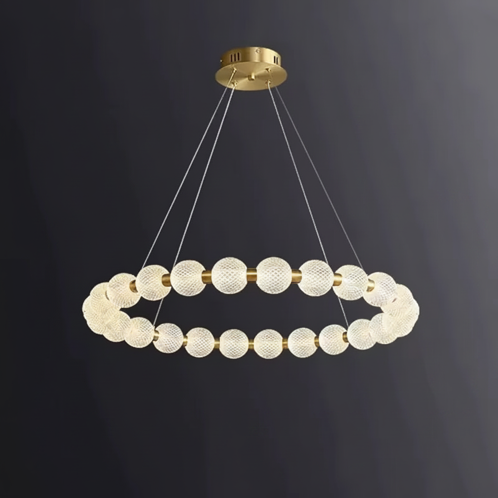 Moktan Sabai Alabaster Ring Chandelier – Gold Beaded LED Luxury Ceiling Light ∅31.5″ x H 2.4″ Gold & White