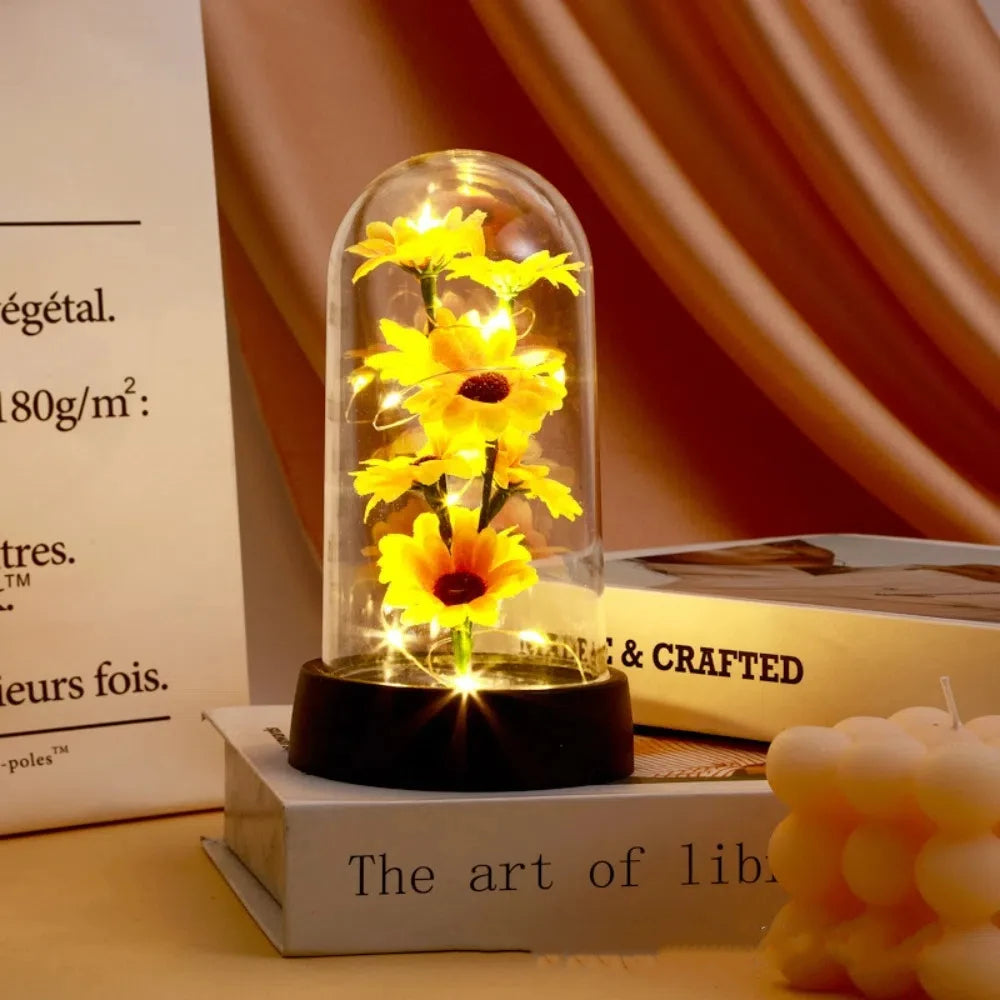 Moktan Sabai Sunflower LED Glass Dome Night Light Artificial Flower Graduation Gift Home Decor Warm Light