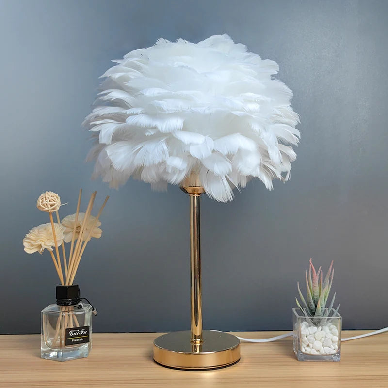 White Feather Table Lamp Plug-In Romantic Bedside Night Light for Girls Room Decor