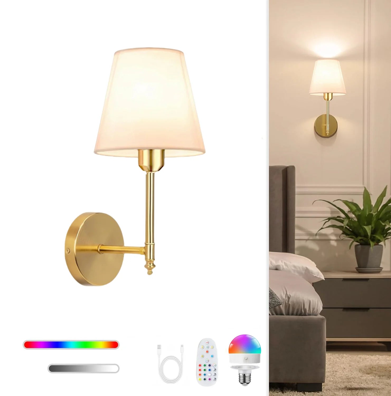 Moktan Sabai Wireless Wall Lamp – Rechargeable RGB Battery Light with Remote for Bedroom Decor Golden-1Pack 15Rgb