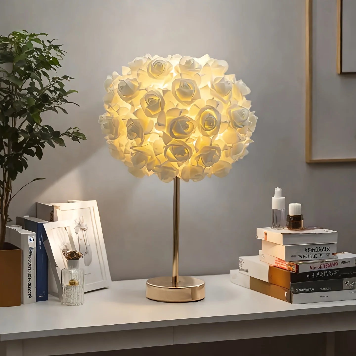 Moktan Sabai LED Rose Flower Table Lamp Bedside Night Light Metal Base Living Room Decor
