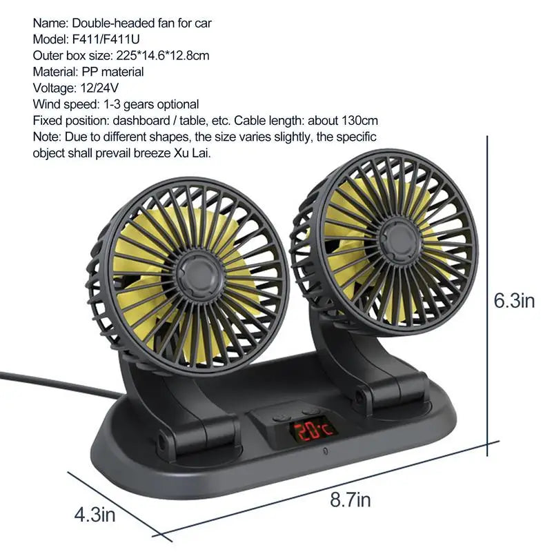 Moktan Sabai Dual Head Car Fan | 12 Volt Portable Fan with 3-Speed Settings | Compact Design for Enhanced Air Circulation