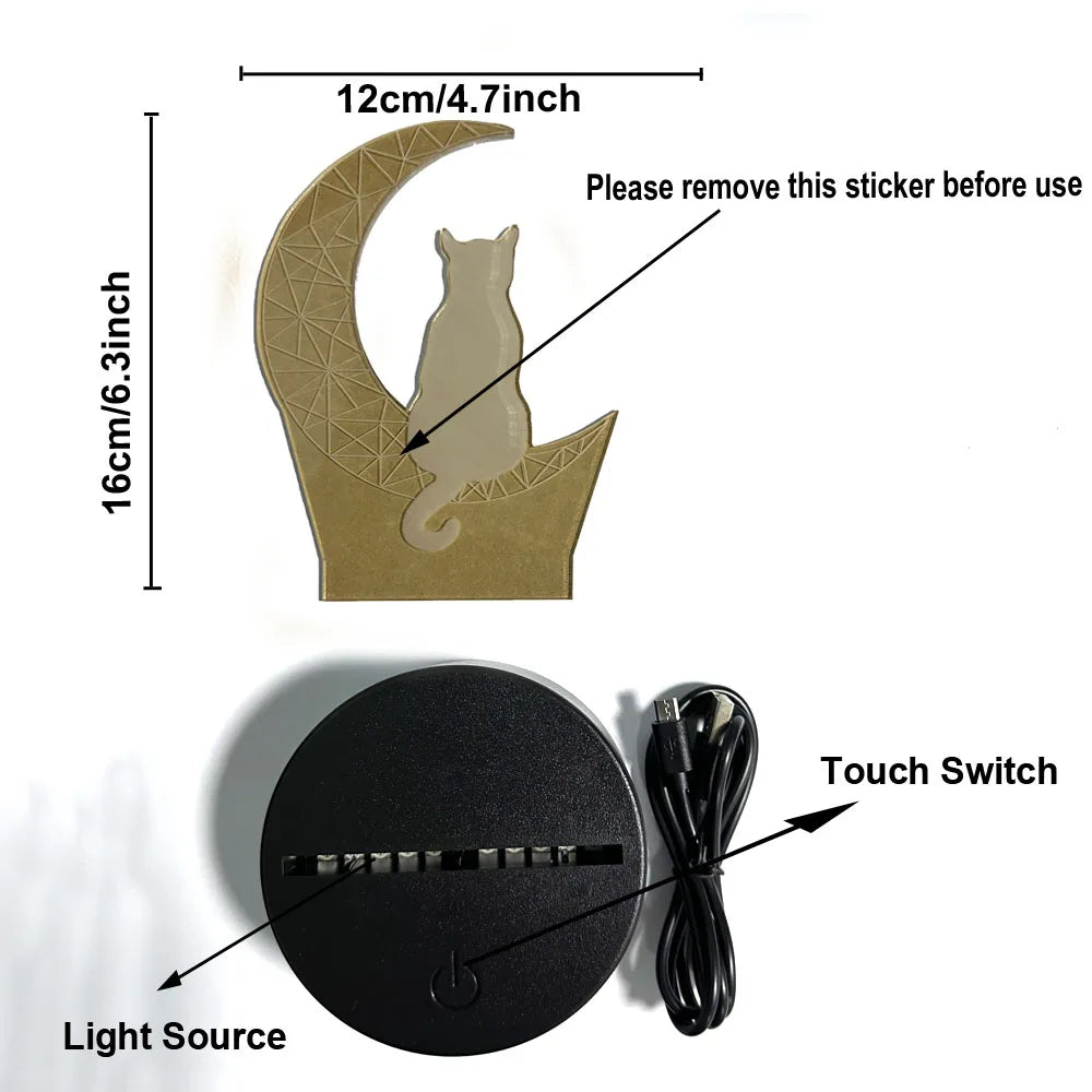 Moktan Sabai Moon Cat 3D Night Light Optical Illusion Lamp 7-Color Touch Bedroom Decor Lamp