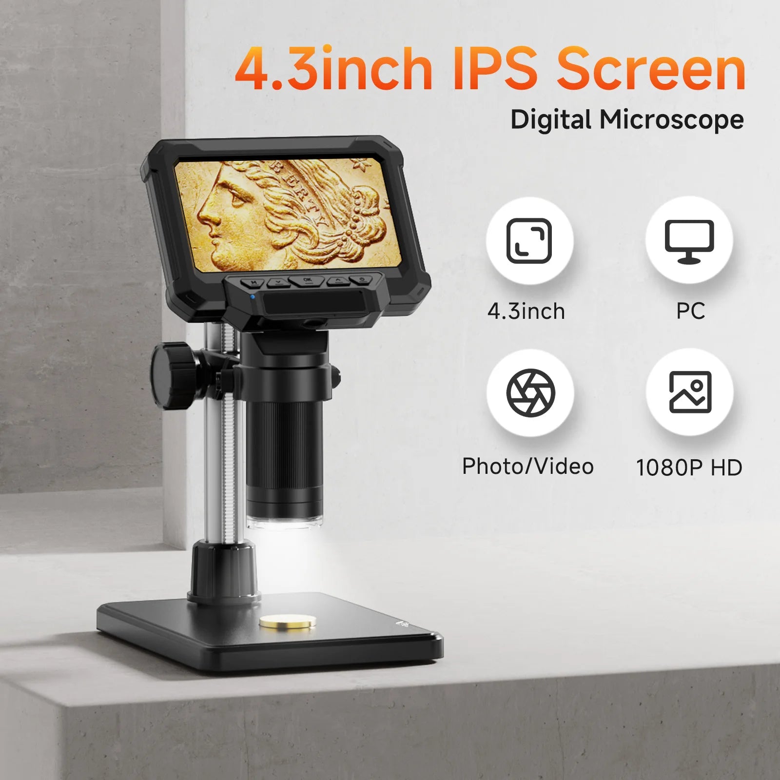 Moktan Sabai 1600X Digital Microscope 4.3 Inch IPS Screen Coin Magnifier 1080P LED