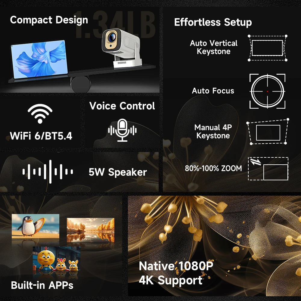 Moktan Sabai Android 11 4K Projector 1080P Auto Focus Dual WiFi BT5.4 Home Outdoor Movie