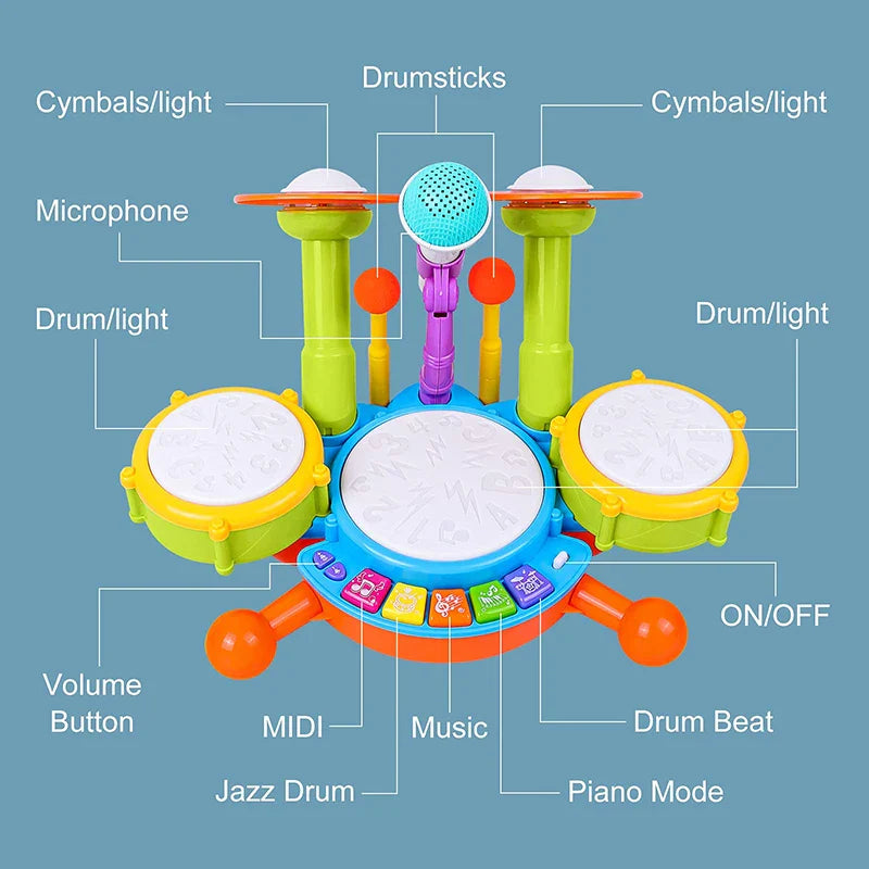 Moktan Sabai Toddler Drum Set with Microphone Kids Musical Toy 1-3 Years Lights