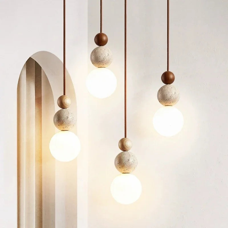 Moktan Sabai Wabi Sabi LED Pendant Light Stone Wood Modern Chandelier for Living Room