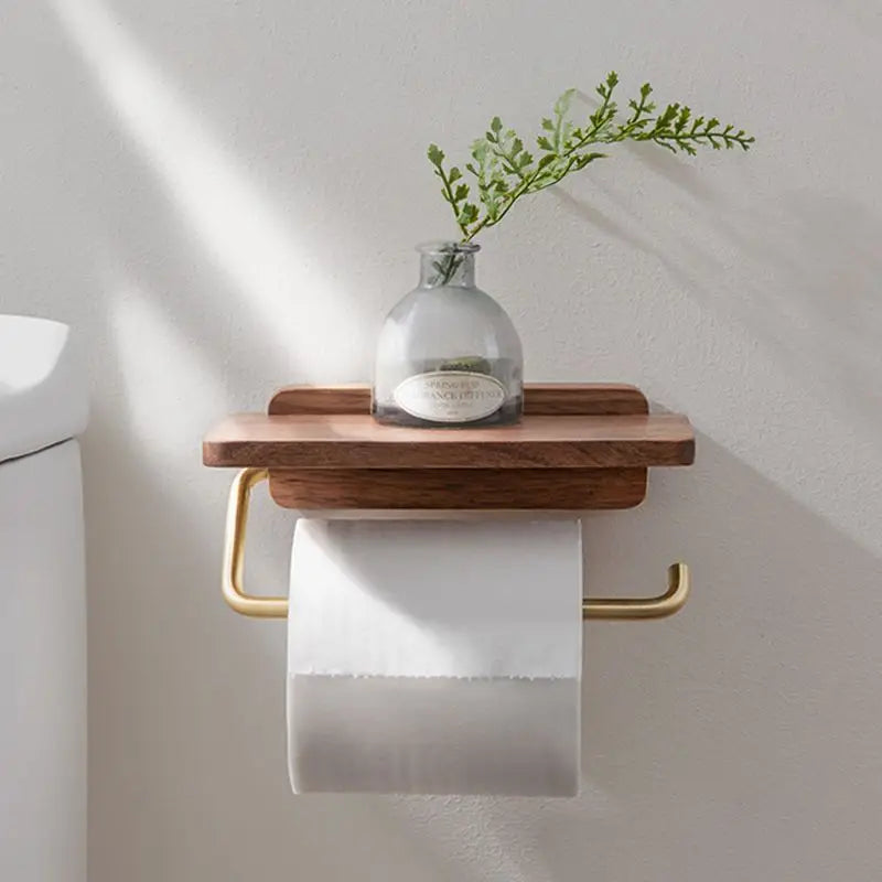 Moktan Sabai Walnut Wood Toilet Paper Holder with Shelf Brass Bathroom Rack