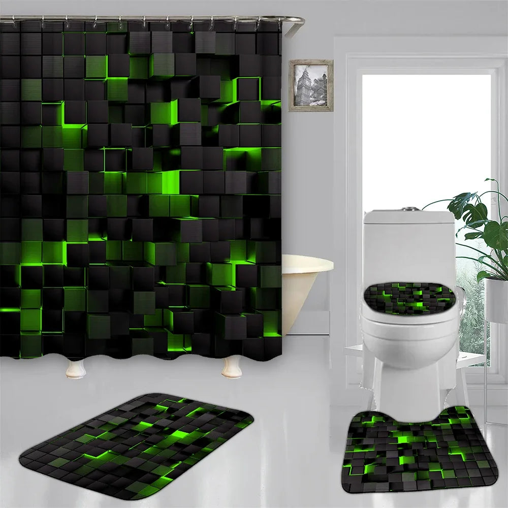 Moktan Sabai 4-Piece Waterproof Shower Curtain Set with Hooks & Bathroom Floor Mats Blue Black