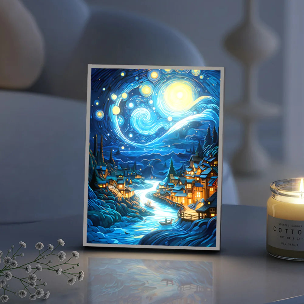 Moktan Sabai Starry Night LED Art Lamp 3D Night Light Van Gogh Style Aesthetic Room Decor Small(15.5x21.5cm)