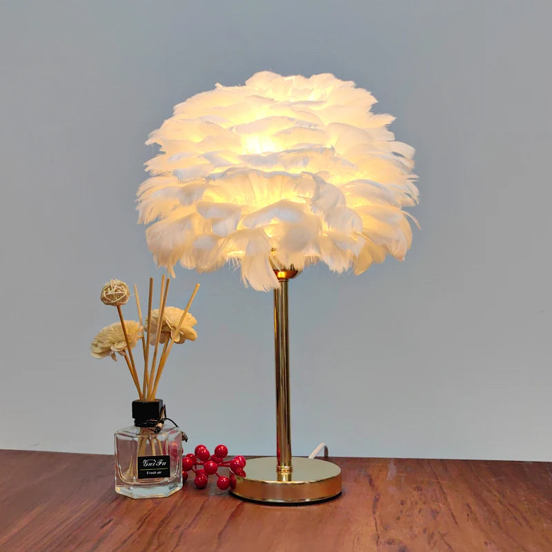 White Feather Table Lamp Plug-In Romantic Bedside Night Light for Girls Room Decor