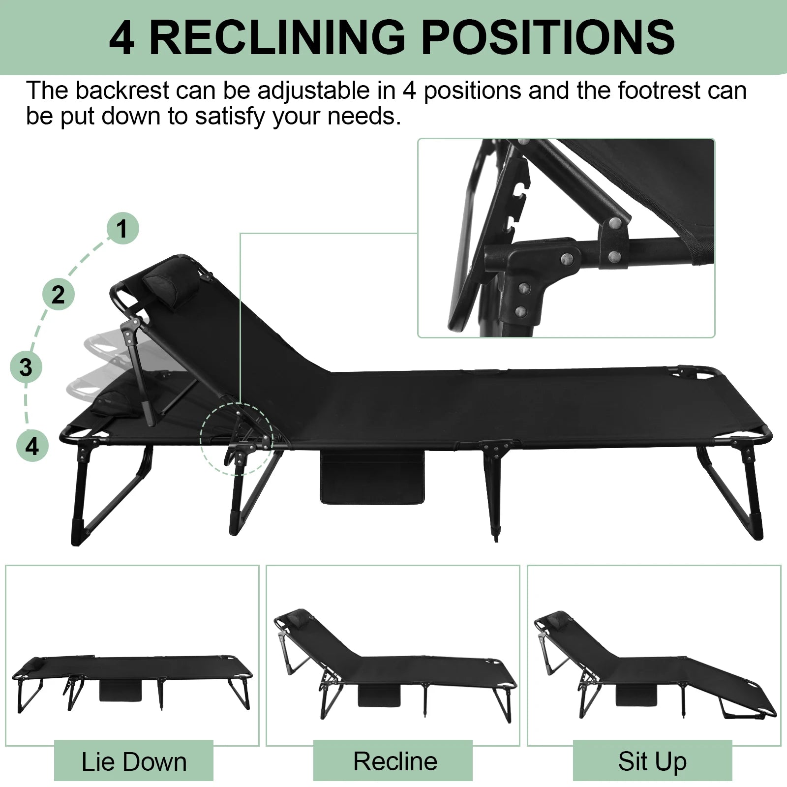 Moktan Sabai Portable Folding Camping Cot Adjustable Reclining Lounge Chair with Pillow