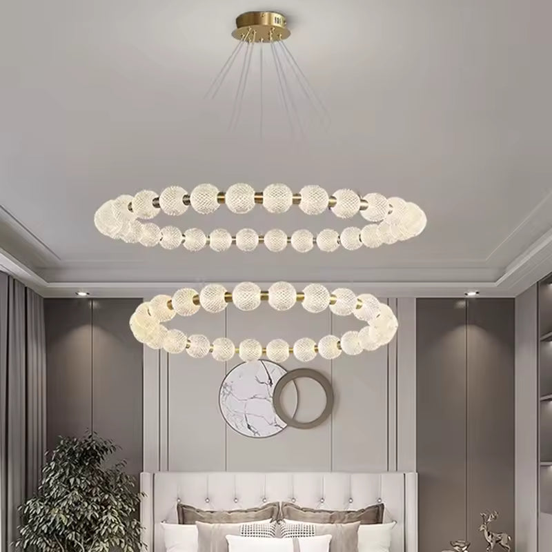Moktan Sabai Alabaster Ring Chandelier – Gold Beaded LED Luxury Ceiling Light