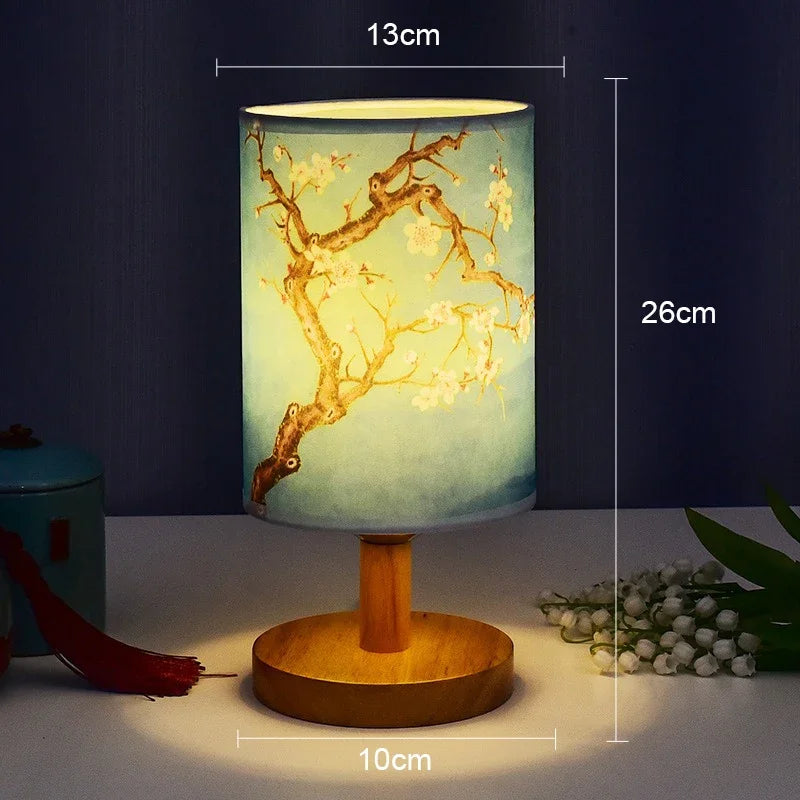 LED Square Table Lamp Dimmable Bedside Light Fabric Shade Chinese Style Decor