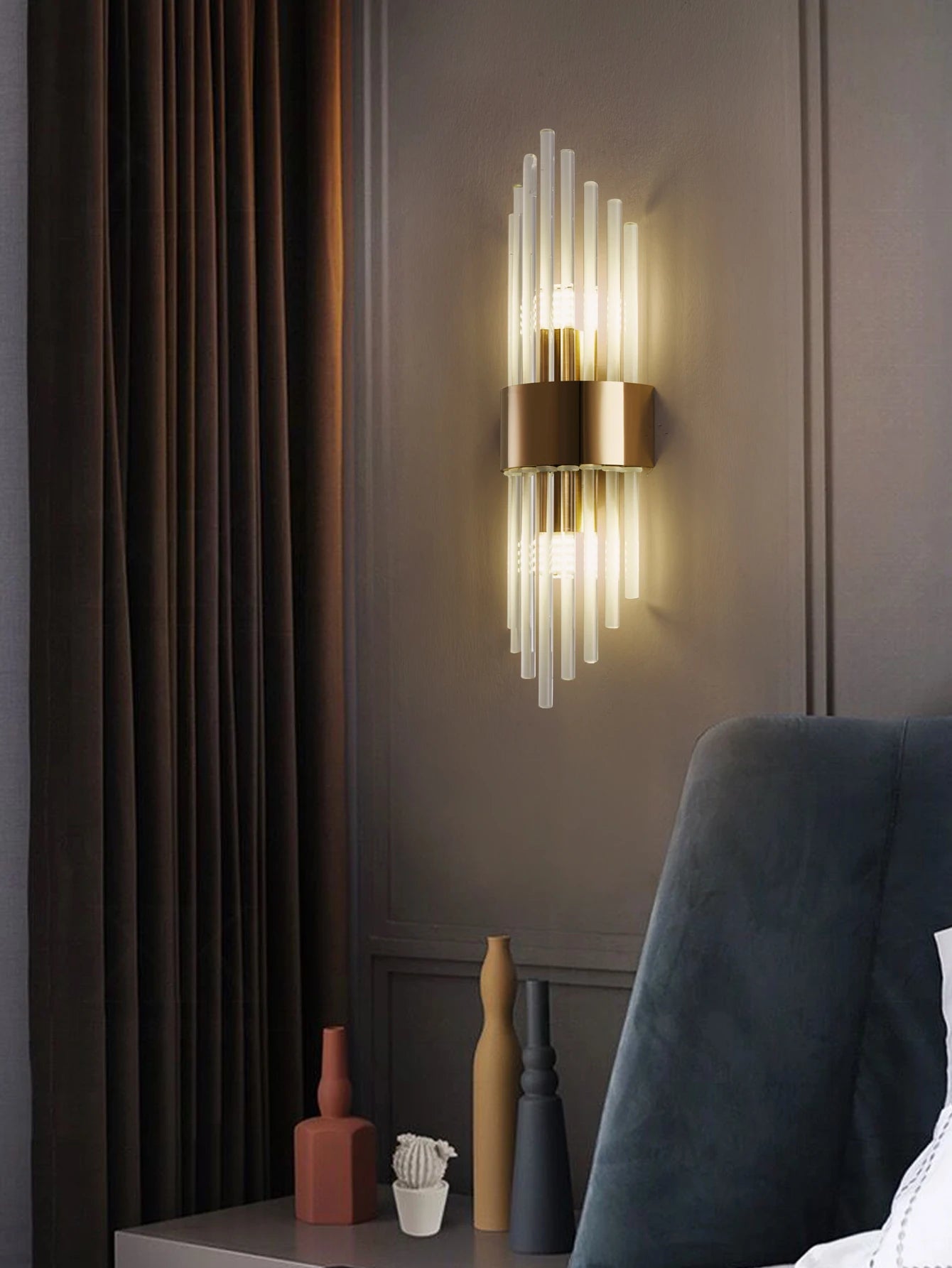 Moktan Sabai Crystal Wall Sconce G9 – Gold/Black Stainless Steel Light for Bedroom & Living Room